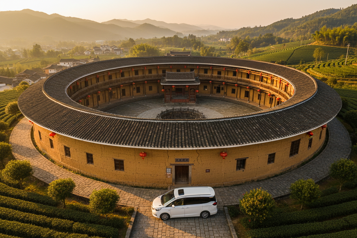 土楼，别克商务车，广角拍摄 