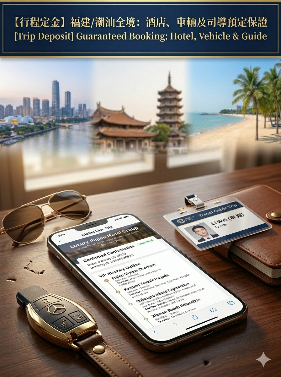 行程定金】[Trip Deposit]福建/潮汕全境私人定制：含酒店、車輛及金牌司導預定保證（支持廈門/泉州/福州/廣州落地）Fujian & Chaoshan Private Custom Tour: Guaranteed Hotel, Vehicle & Guide Booking (For Xiamen, Quanzhou, Fuzhou, Guangzhou Arrival)