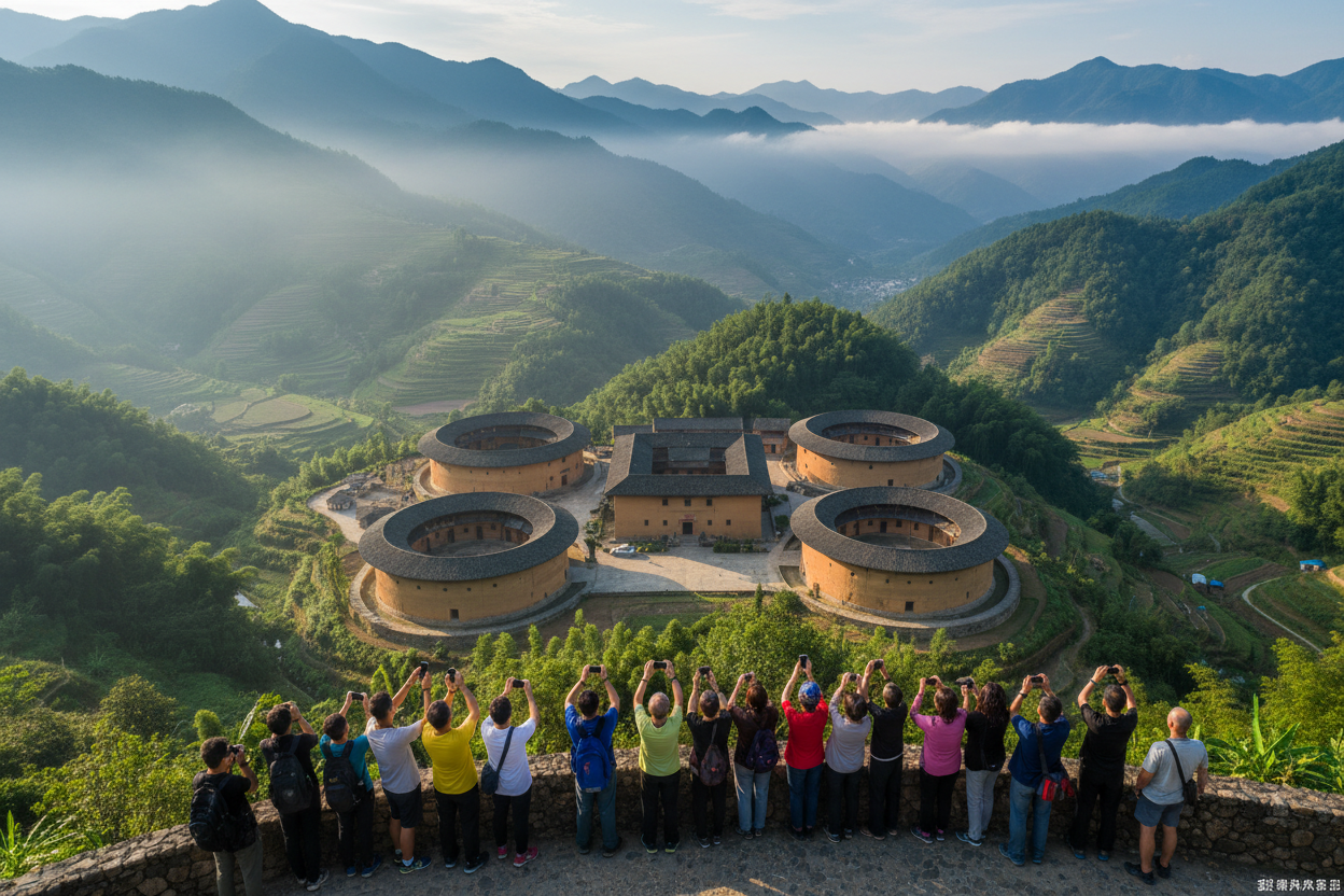 A group of tourist take photo in front of Tianluokeng Tulou
