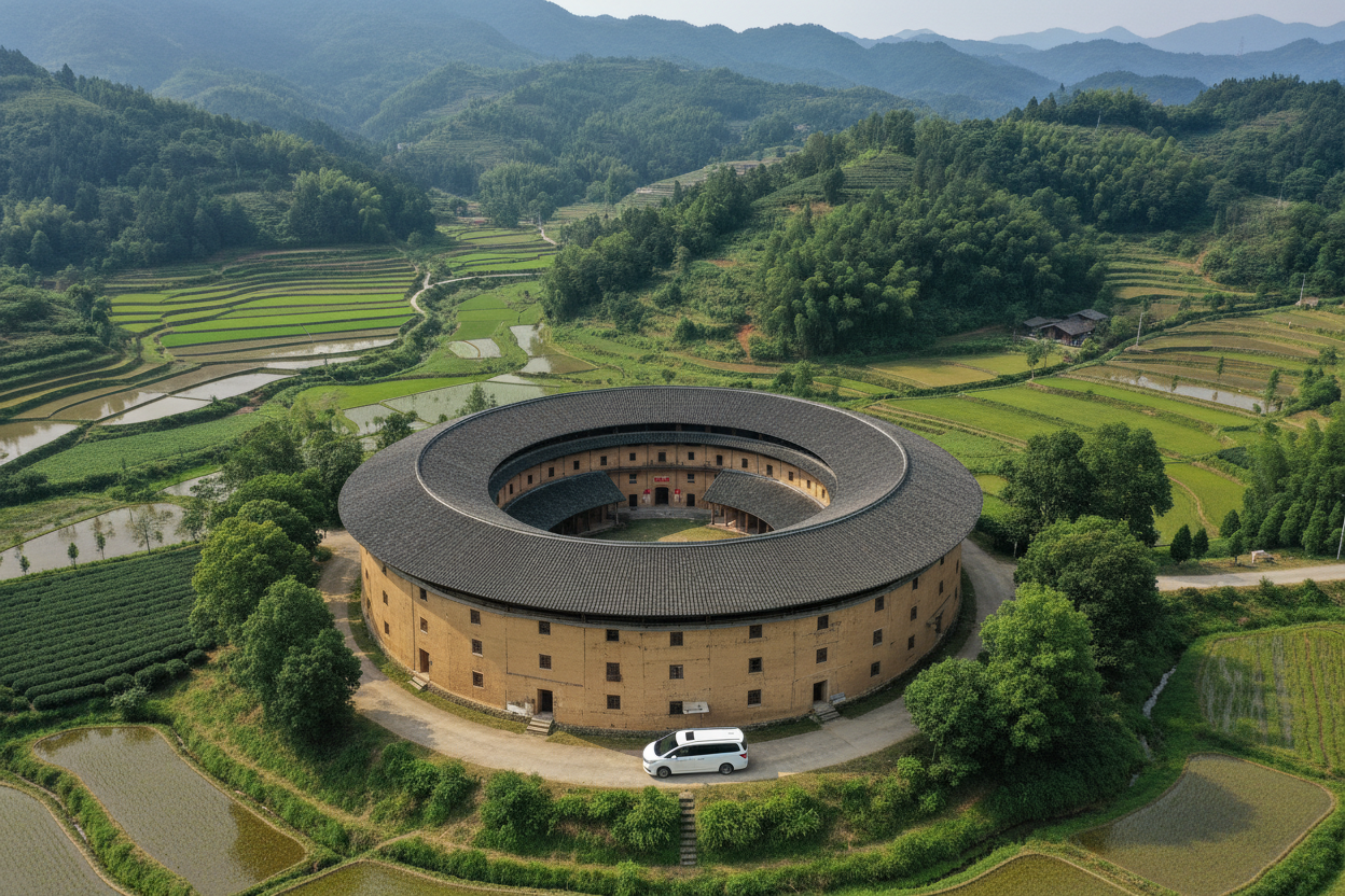 土楼，别克GL8，广角，俯视，远景拍摄 